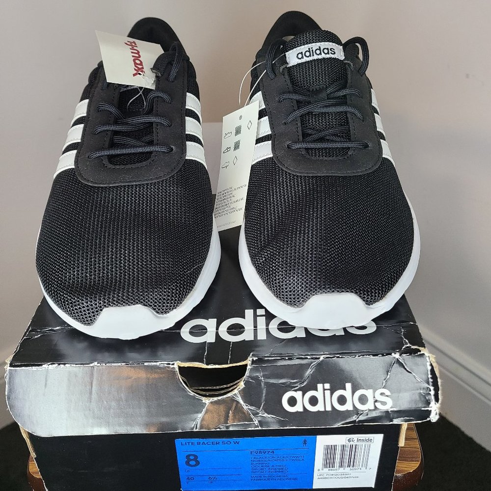 New Womens Adidas Lite Racer SO Black/White Slip-On Sneaker Shoes Sz 8M